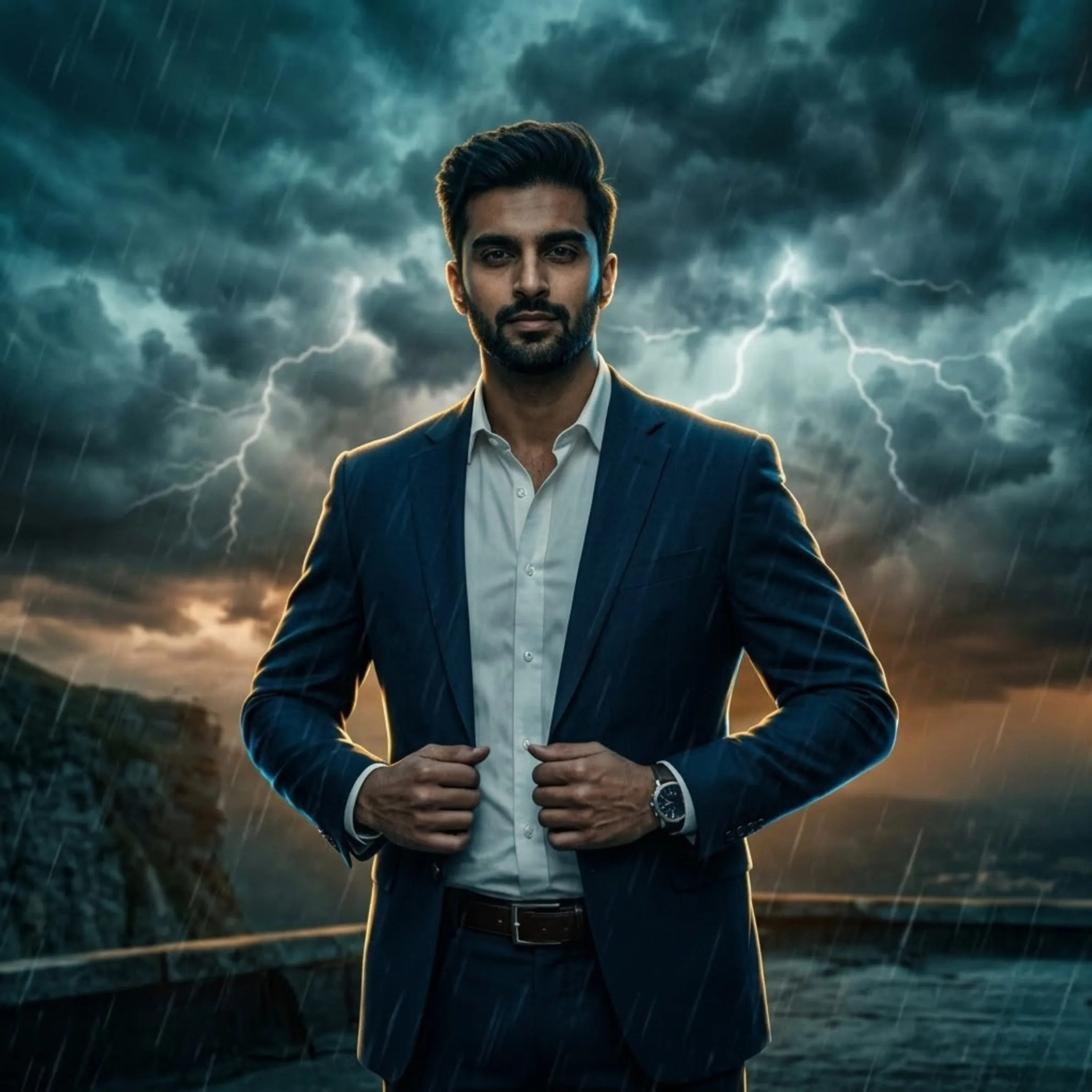 Prompt 1 stormy low-angle hero male portrait with dramatic weather and cinematic lighting